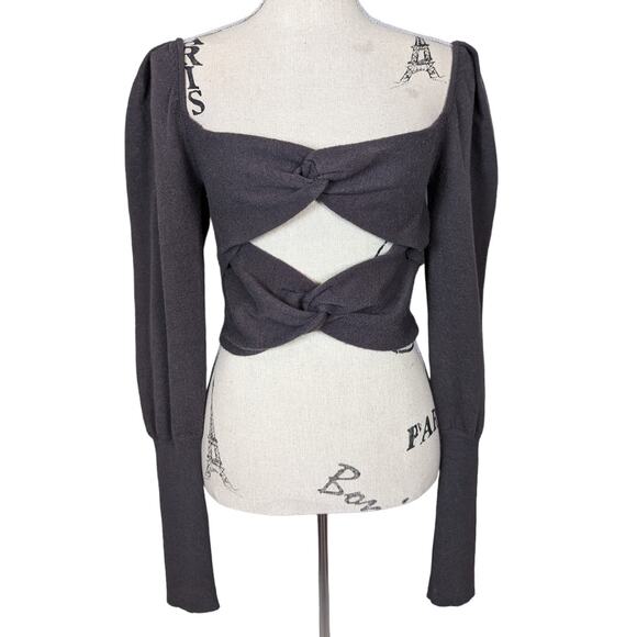 LPA Puff Sleeve Knotted Cropped Sweater Gray Size Small - Picture 16 of 16